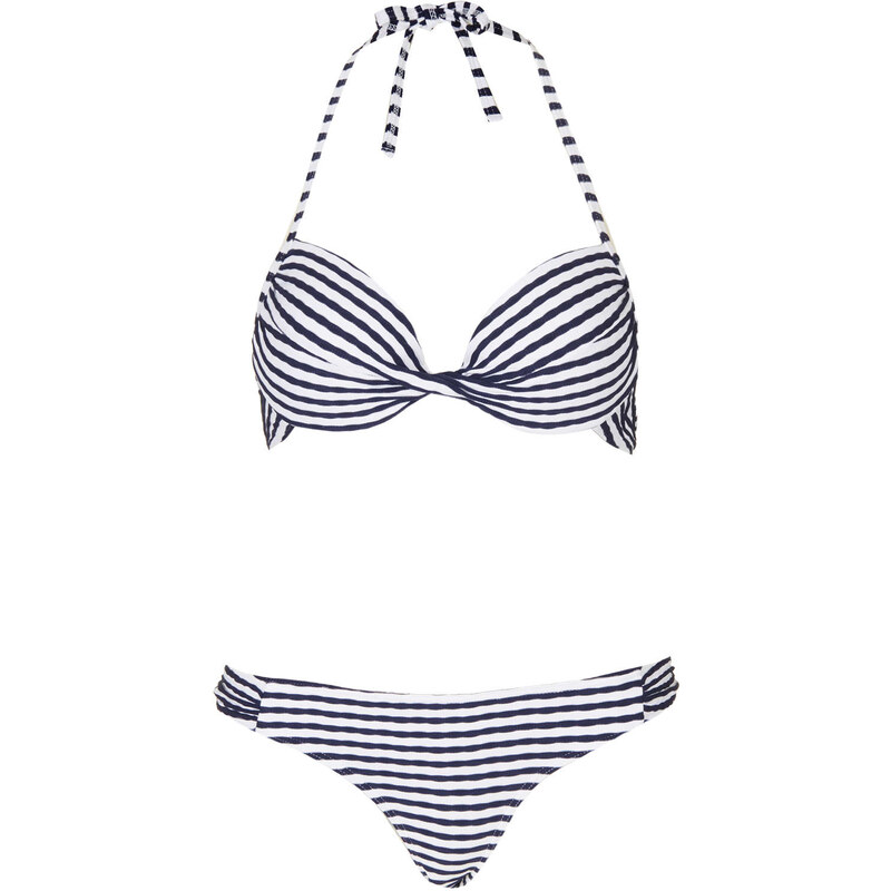 Topshop Navy Ruche Stripe Plunge Bikini