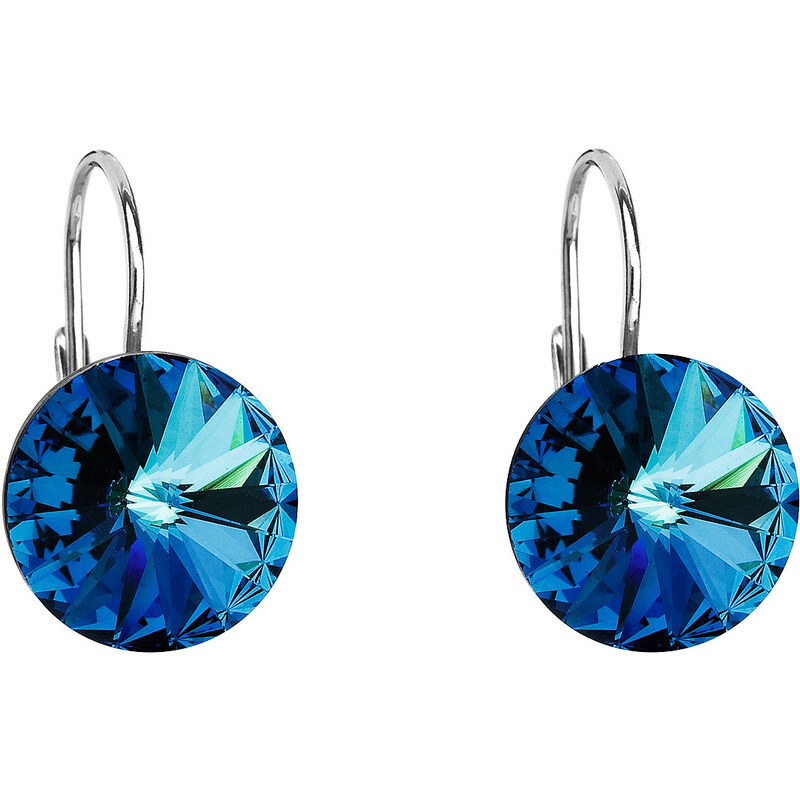 Stříbrné náušnice visací s krystaly Swarovski modré kulaté 31106