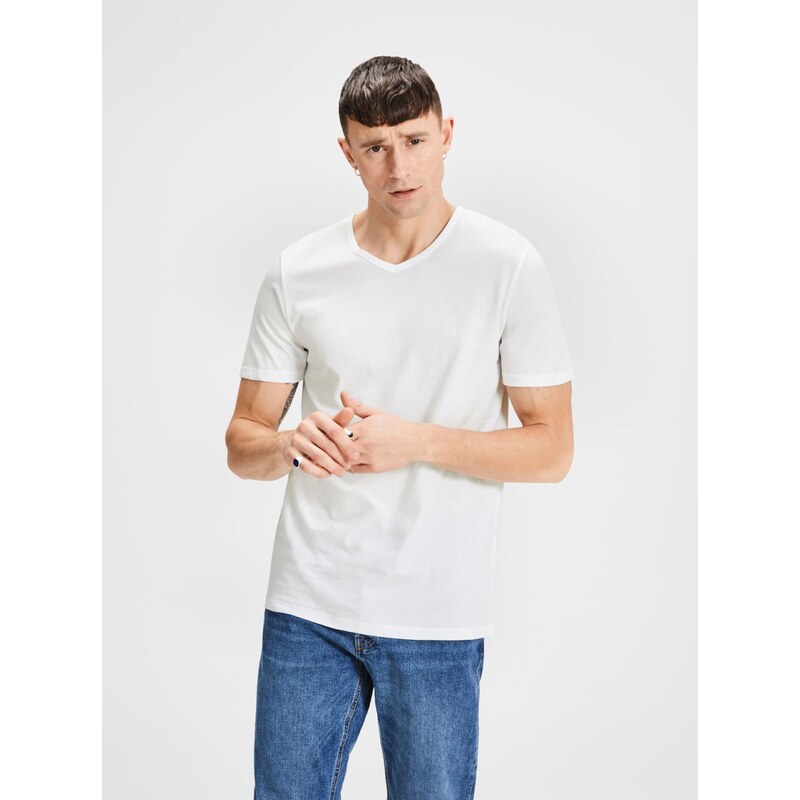 Sada dvou bílých basic triček s véčkovým výstřihem Jack & Jones - Pánské