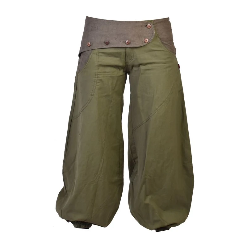 Dlouhé khaki balonové kalhoty s manžestrem, zip a knoflíky, výšivka, kapsy  XL , 100%bavlna - GLAMI.cz