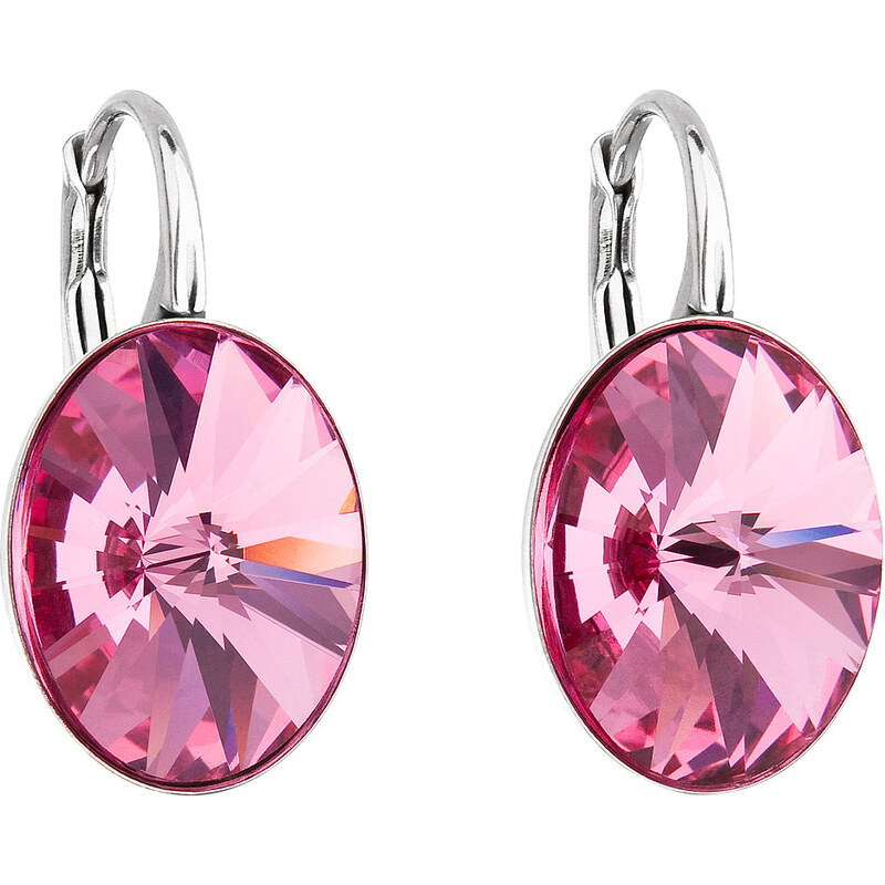 Stříbrné náušnice visací s krystaly Swarovski růžový ovál 31275