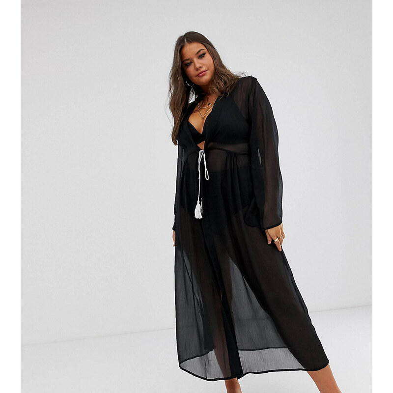 Brave Soul Plus sheer beach dress with tassel tie front-Black 100031873