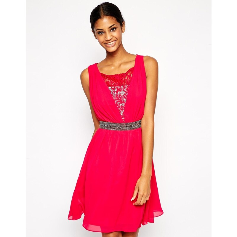 Little Mistress Lace Prom Dress with Embellished Waist - Red