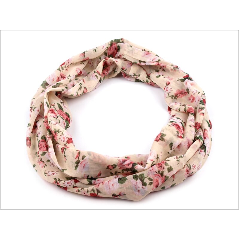 Kruhový béžový šátek s květy