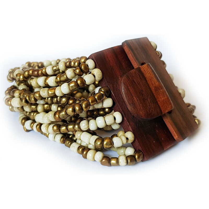 Touch of Bali / Wood & Beads Náramek s ebenovým zapínáním bílo zlatý