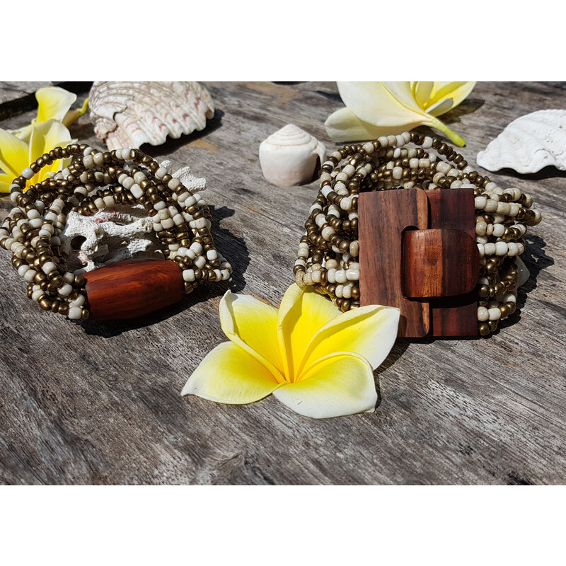 Touch of Bali / Wood & Beads Náramek s ebenovým zapínáním bílo zlatý