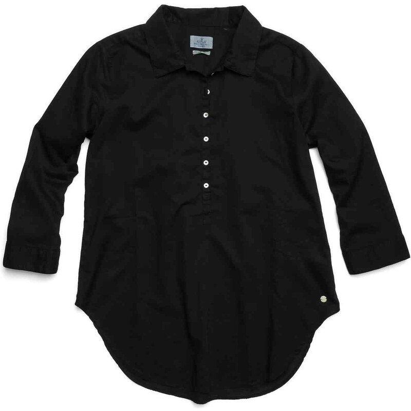 Replay Split neck button placket shirt in cotton muslin.