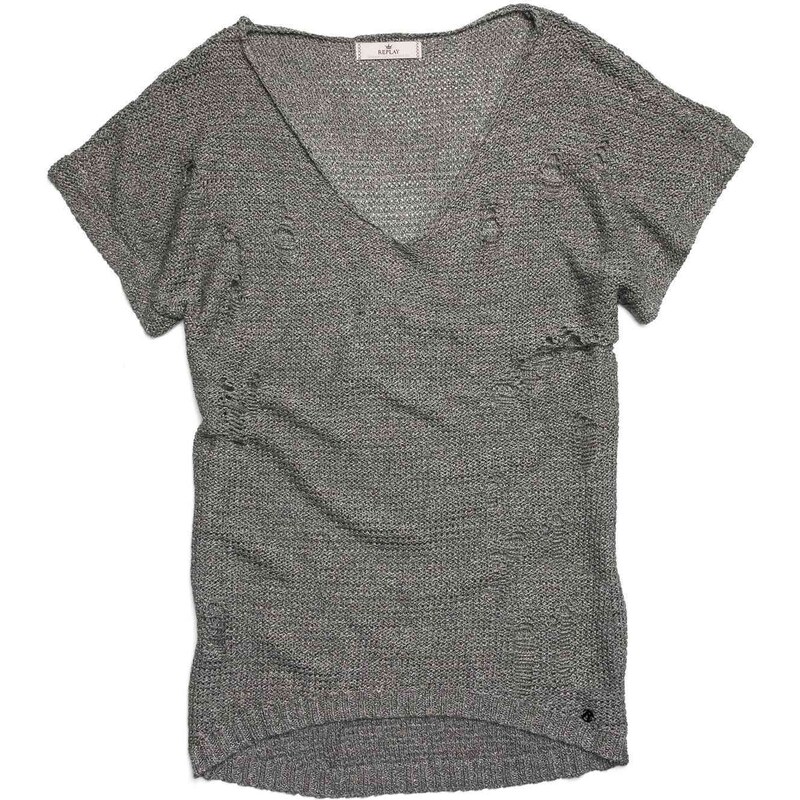 Replay Sleeveless V-neck linen sweater with unfinished asymmetric hemline.