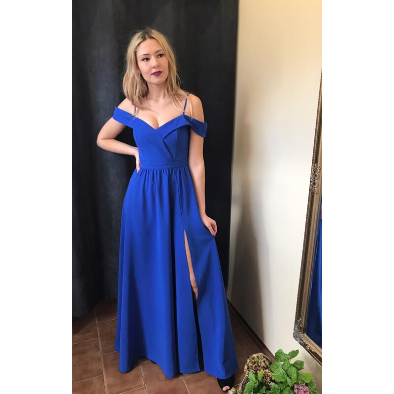 Dlouhé šaty Elizabeth s rozparkem modré Modrá 38