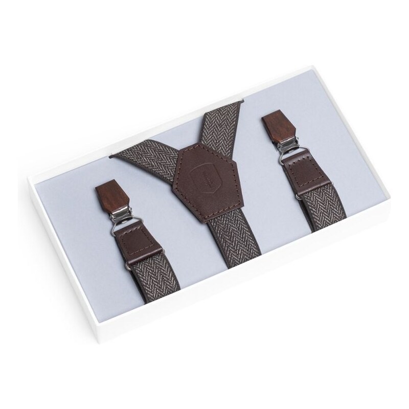 BeWooden Kožené šle Brunn Tweed Suspenders s dřevěnými detaily