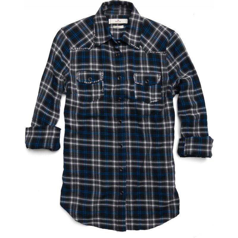 Replay Yarn-dyed cotton twill check shirt with two breast pockets.