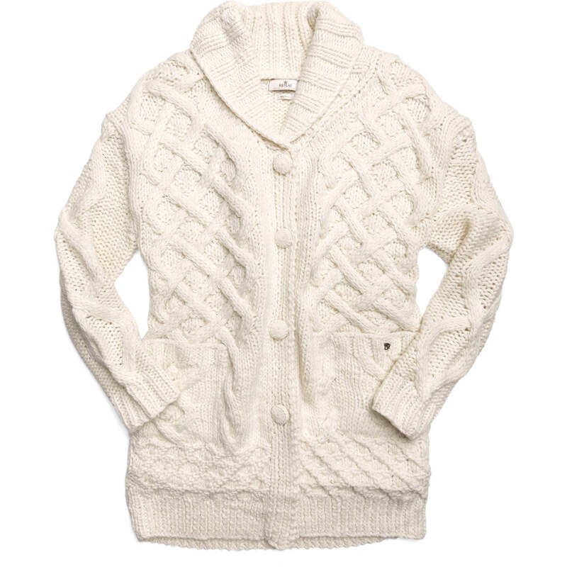 Replay Hand-knit wool cardigan with shawl collar, two front pockets.