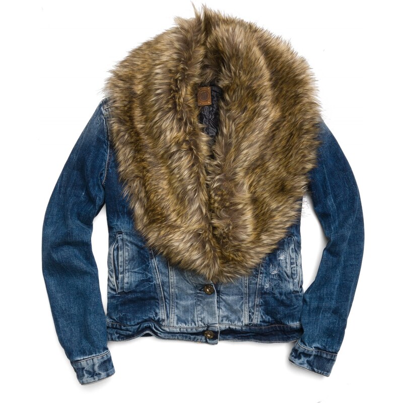 Replay Denim jacket with fur collar, abrasions & tie-bleach effects.