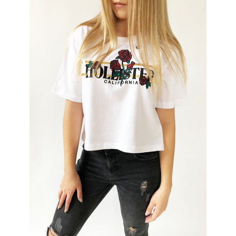 Hollister Hollister Cropped Rose White stylový bílý Crop Top s motivem - XS / Bílá / Hollister