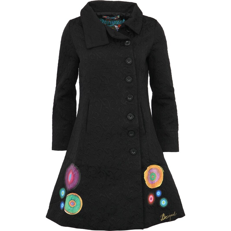 Černý kabát Desigual Sara s barevnými detaily