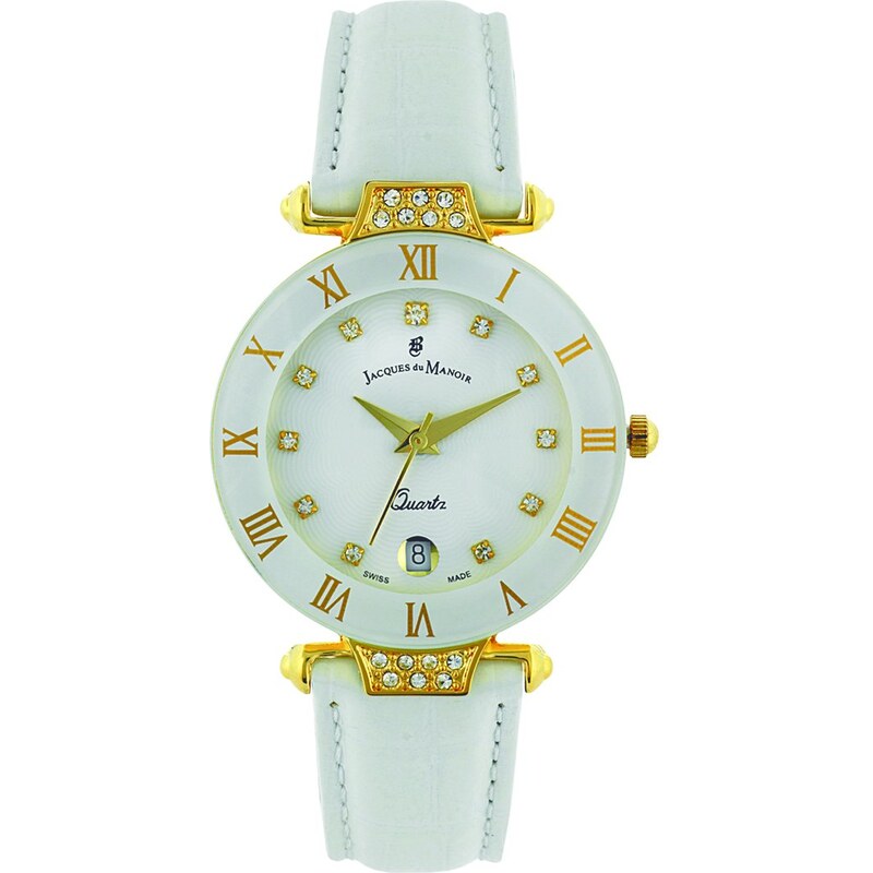 Bílé pozlacené hodinky Jacques du Manoir s krystaly Swarovski