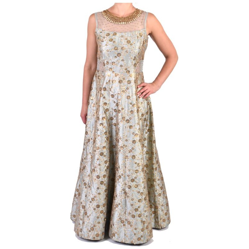 Luxusní indické šaty "Anarkali", modro stříbrné, zlaté flitry, šál M/L , 100%polyester