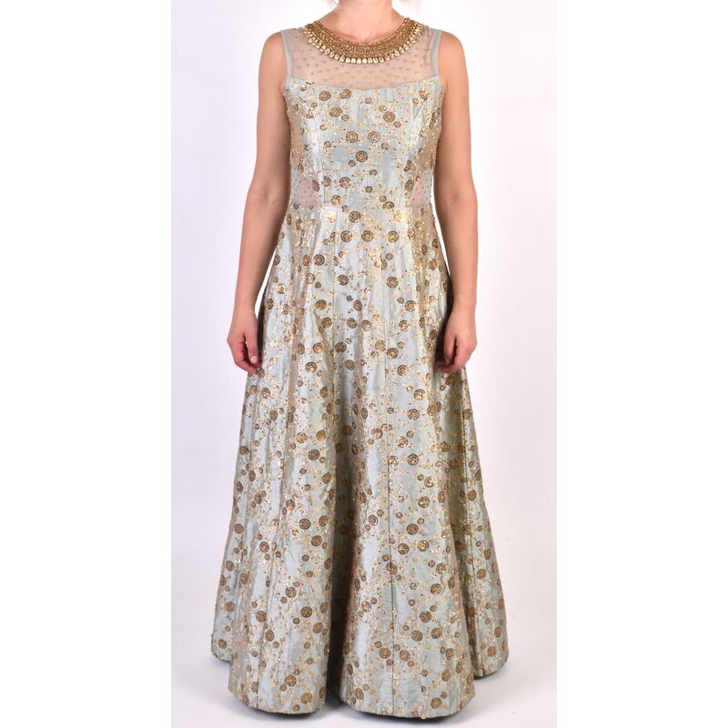 Luxusní indické šaty "Anarkali", modro stříbrné, zlaté flitry, šál M/L , 100%polyester