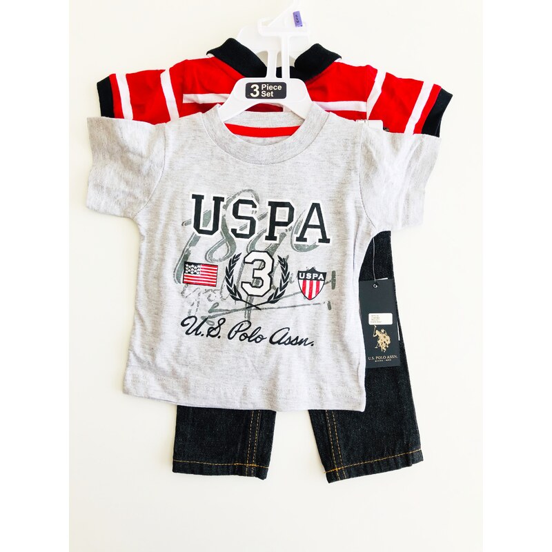 U.S. Polo ASSN. U.S. Polo ASSN. Logo chlapecká trika krátký rukáv a riflové kalhoty souprava 3 ks - Dítě 6-9 měsíců / Červená / U.S. Polo Assn / Chlapecké
