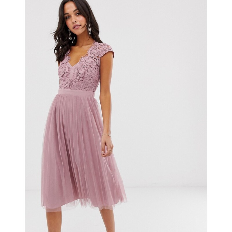 Little Mistress capped sleeve lace midi dress with tulle skirt Pink