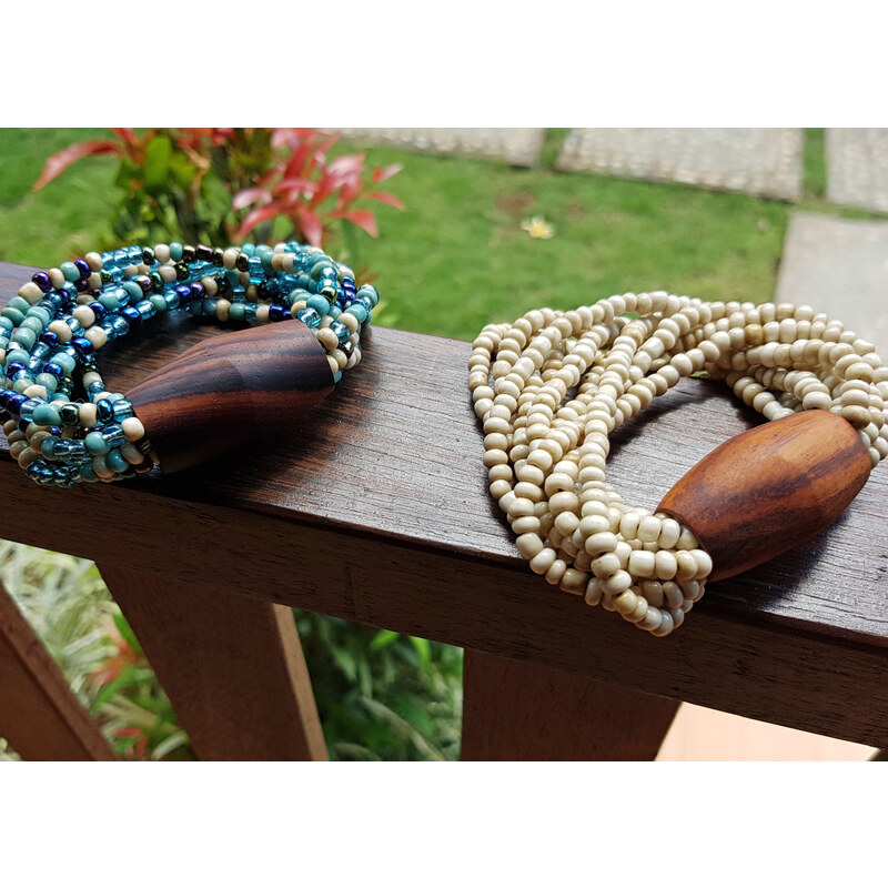 Touch of Bali / Wood & Beads Korálkový náramek s ebenem béžový