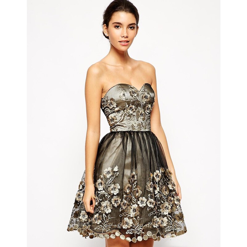 Chi Chi London Premium Bandeau Prom Dress with 3D Floral Applique Detail - Black