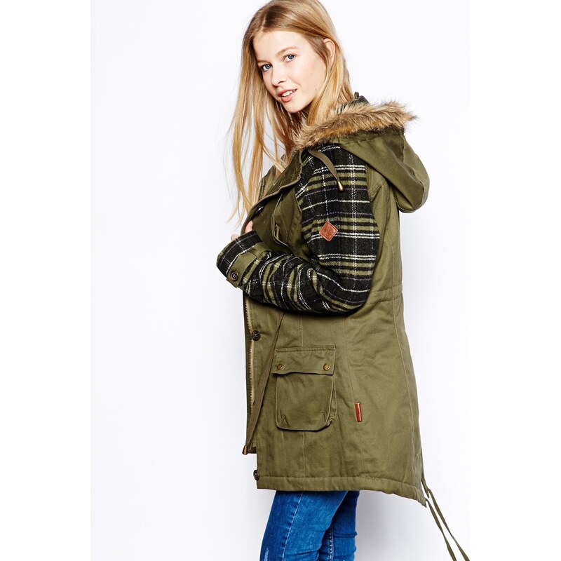Bellfield Parka Jacket With Checked Contrast Sleeves - Green