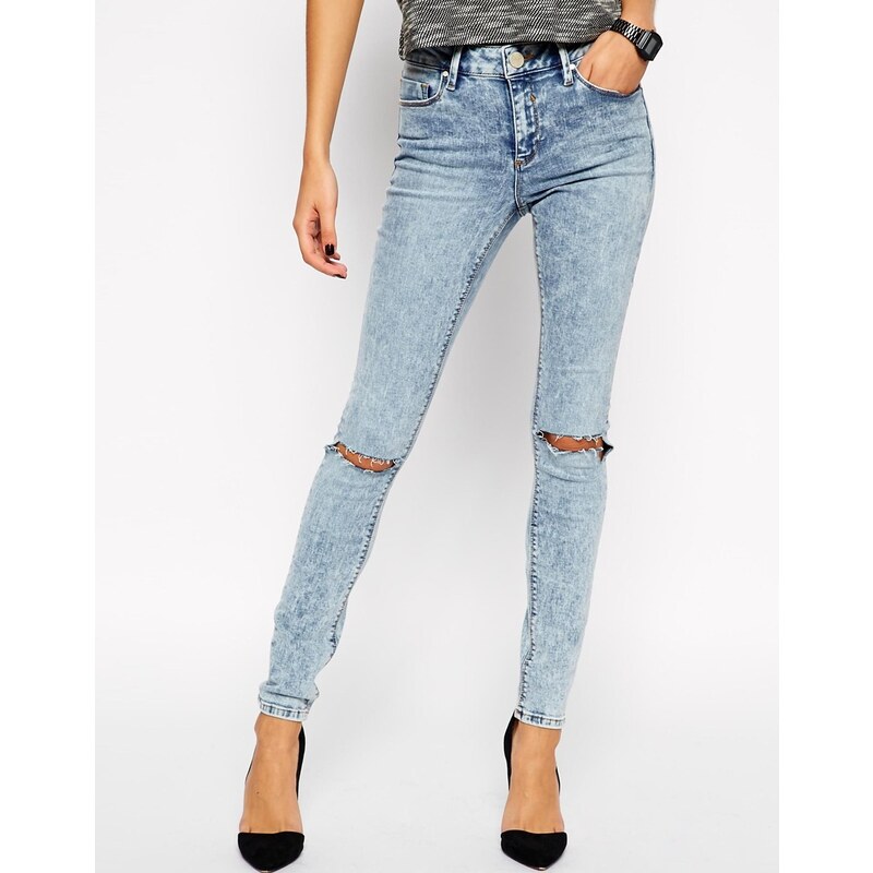 ASOS Lisbon Skinny Mid Rise Jeans in Daydreamer Wash With Busted Knees - Blue