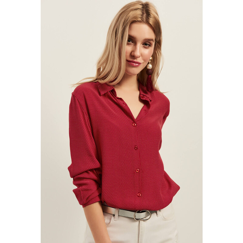Olalook Women's Red Tiny Polka Dot Loose Viscose Shirt