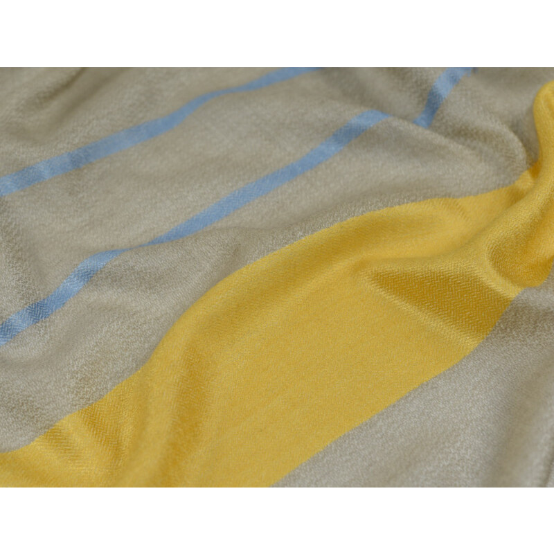 Vlněná vzorovaná šála - béžová s širokým žlutým a tenkými světle modrými pruhy