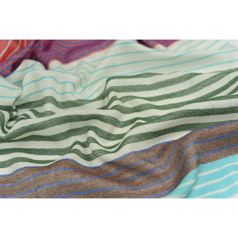 Vlněná vzorovaná šála - Smetanová s červenými, modrými, tyrkysovými, tmavě zelenými a hnědými pruhy