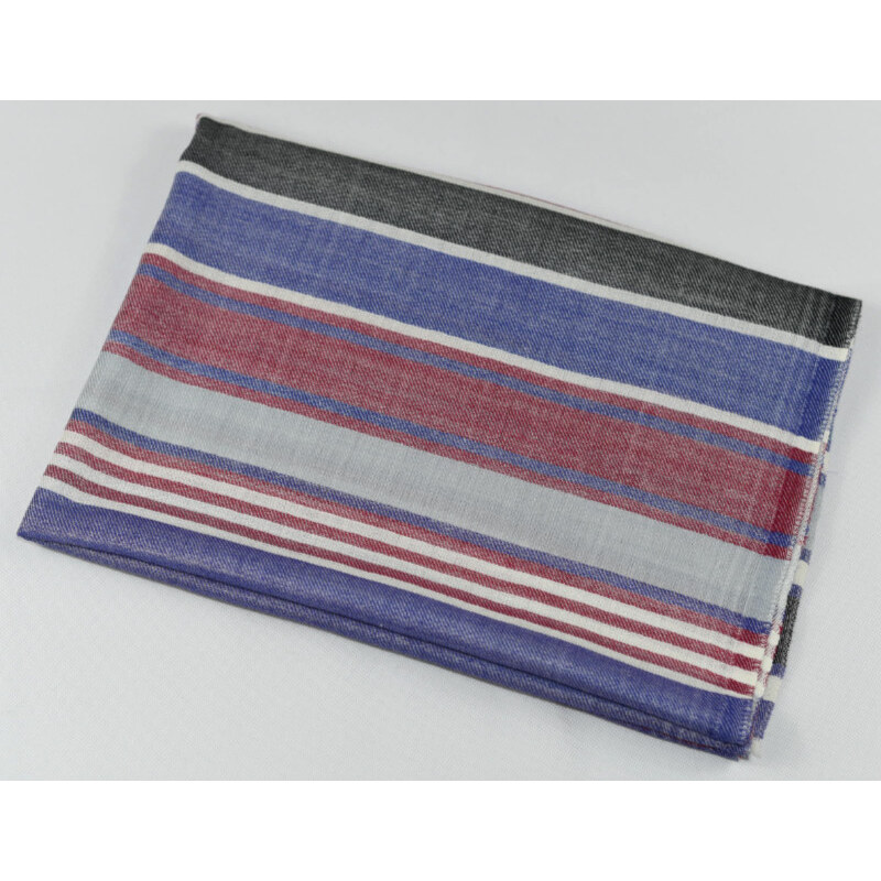 Vlněná vzorovaná šála - modré, bílé, tyrkysové, červené a černé pruhy