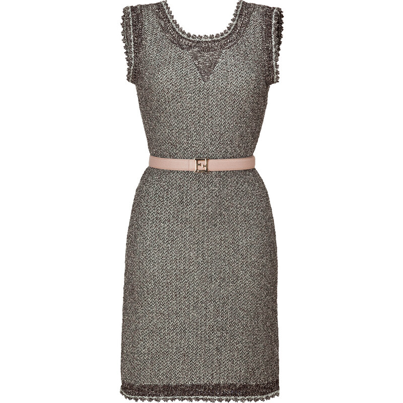 Fendi Ebony/Pale Turquoise Belted Boucle Knit Dress