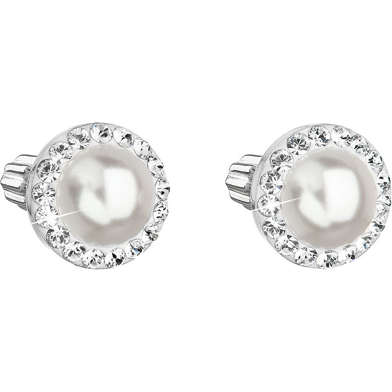 Stříbrné náušnice pecka s krystaly Swarovski a bílou perlou kulaté 74171376
