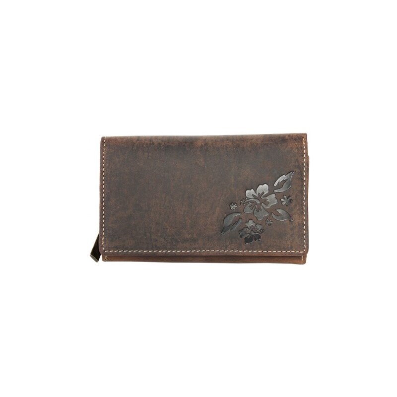 Kožená peněženka z pevné přírodní kůže s částečnou ražbou s květinovým vzorem FLW