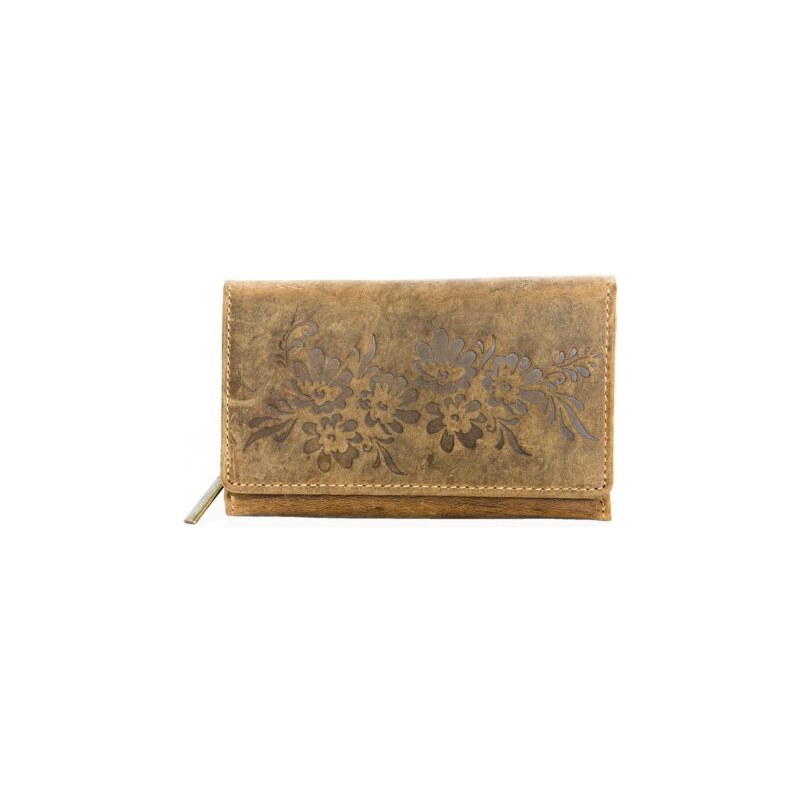 Kožená peněženka z pevné přírodní kůže s raženými květy FLW