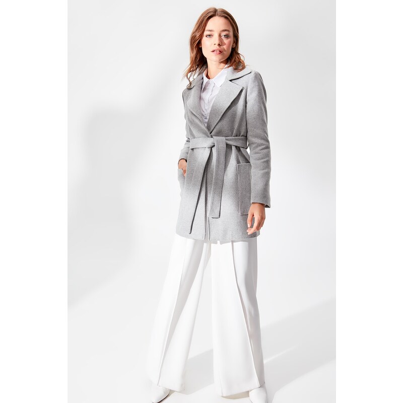 Trendyol Gray Woolen Cachet Coat with Belt