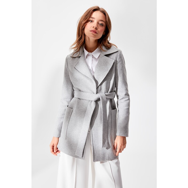 Trendyol Gray Woolen Cachet Coat with Belt