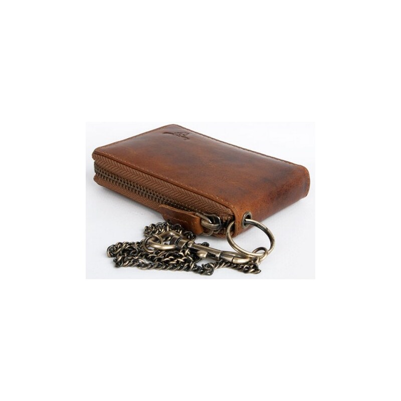 Pánská celá kožená malá kapesní peněženka s bůvolí hlavou, s kovovým zipem dokola a řetězem FLW