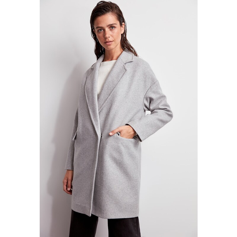 Trendyol Grey Oversize vlněný kabát Cachet