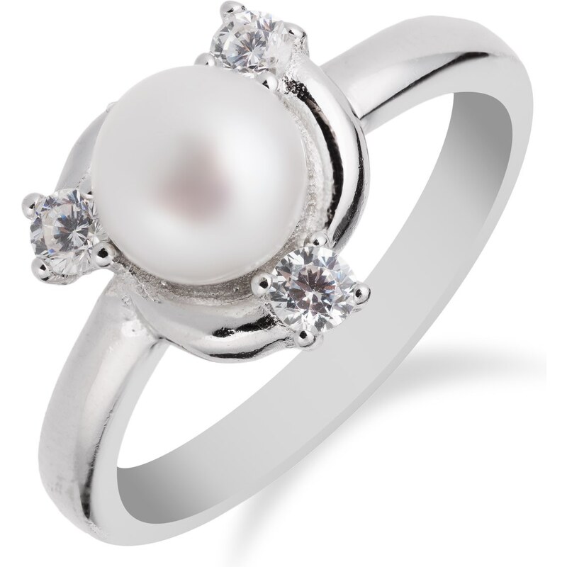 Stříbrný prsten s perlou a třemi zirkony okolo - Meucci SP55R
