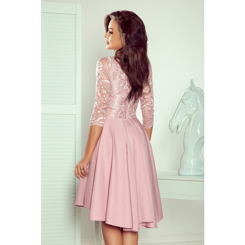 NUMOCO Pudrově růžové šaty s krajkovými rukávy FRANCESCA Pudrová