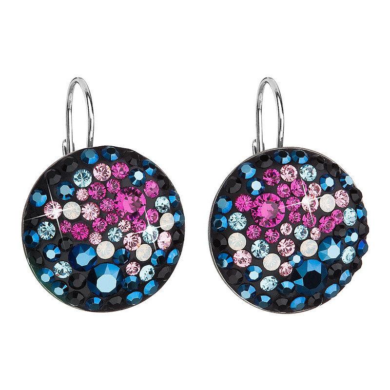 Stříbrné náušnice visací s krystaly Swarovski mix barev kulaté