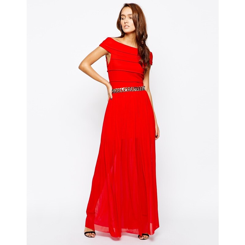 Rare Bardot Maxi Dress with Chain Belt - Red
