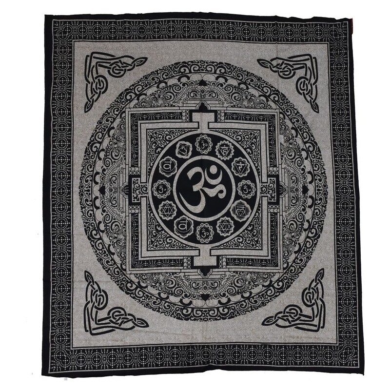 Přehoz na postel, hnědo-béžový, černý tisk, tibetská mandala, 205x220cm