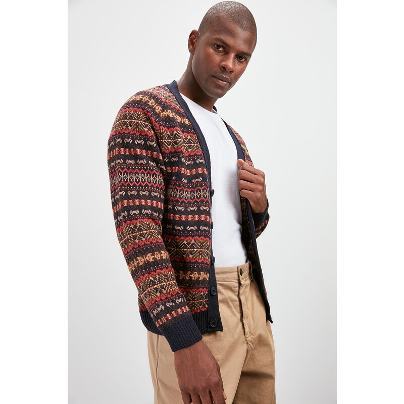 Trendyol Navy Blue Slim Fit V Neck Jacquard Knitwear Cardigan