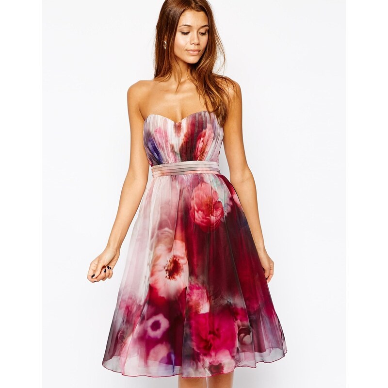 Little Mistress Bandeau Midi Prom Dress in Blurred Floral Print - Multi