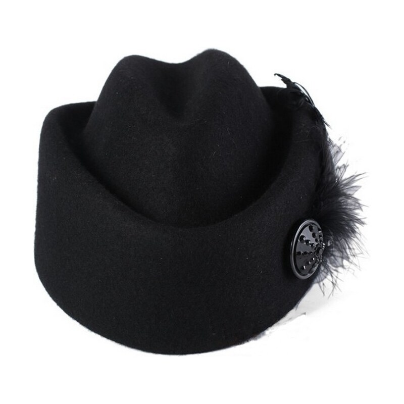 Klobouk JACKIE černý - klobouk ze 100% vlněné plstě zdobený peřím