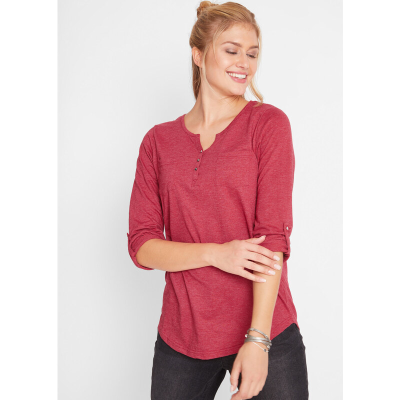 bonprix Bavlněné tričko Henley s knoflíkovou légou červená Žena