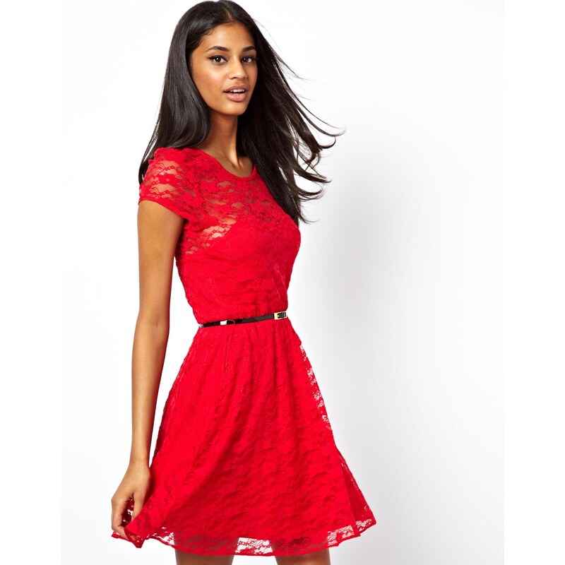 ASOS Skater Dress In Lace With Short Sleeves and Belt